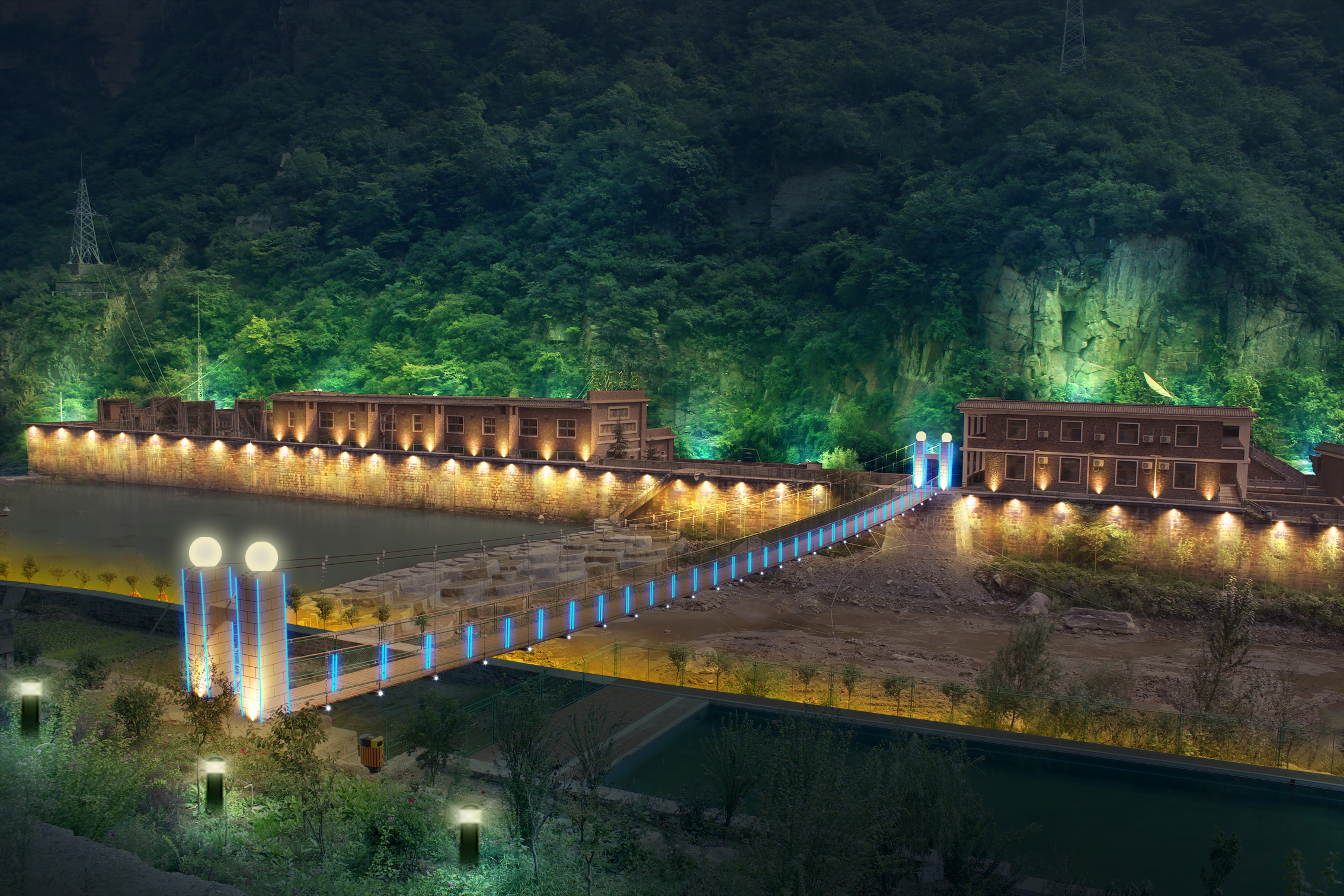 河道小区夜景效果图案例,夜景效果图|照明设计|灯光设计|亮化设计|景梵照明设计有限公司